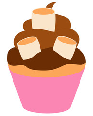 Cute cartoon graphic of a chocolate cupcake with marshmallows. Sweet treat for parties or menus.