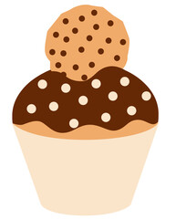 Whimsical illustration of a chocolate cupcake, cookie, and sprinkles.