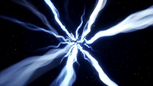 Abstract Blue Energy Beams Radiating From a Bright Central Point Against a Dark Starry Background