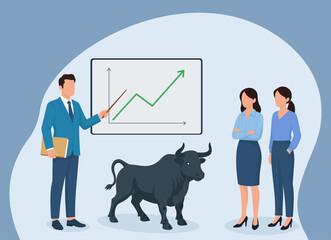 Business presentation on bull market growth: presenter points to upward chart with bull symbol, colleagues observe