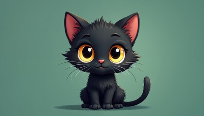 Cute cartoon black kitten with large orange eyes sits on a plain green background. The stylized illustration features soft fur and a curious expression.