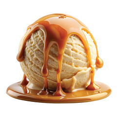 Caramel Splash over Ice Cream Scoop: Dripping caramel over vanilla ice cream scoop, frozen motion, vivid lighting and detail PNG.