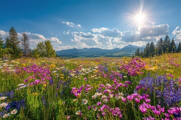 Obraz premium Vibrant Flower Meadow with Blooming Daisies and Lupines Under Sunny Blue Sky with Scattered Clouds Rural Landscape with Rolling Hills and Evergreen Trees