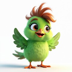 Fototapeta premium Cute cartoon green bird with orange beak and fluffy brown hair. This cheerful chick waves its wings, inviting fun and play. Ideal for kids content and cheerful designs.