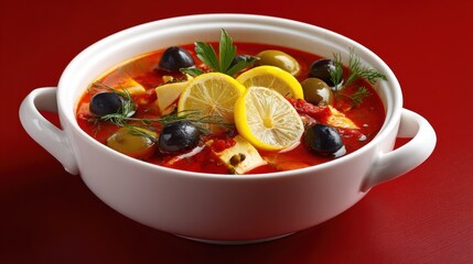 Zesty red soup with olives, lemon, herbs in a white bowl against a deep red background