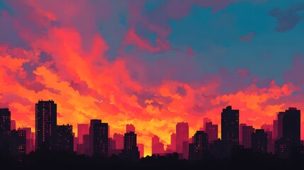 Fototapeta premium Silhouette of high rise buildings against a dramatically colored sunset sky