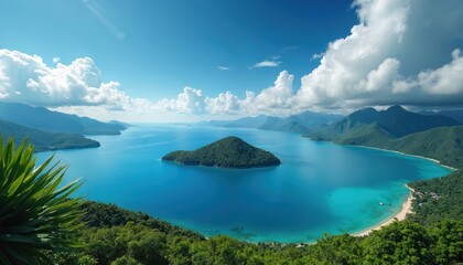 Vast blue ocean meets green mountains under a cloudy sky. Small green island sits in calm turquoise water. Sandy beach borders rich jungle landscape.