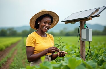 Smiling African American woman farmer holds young plant near solar panel. Field agriculture uses renewable energy for sustainable growth, eco friendly farming, plant cultivation.