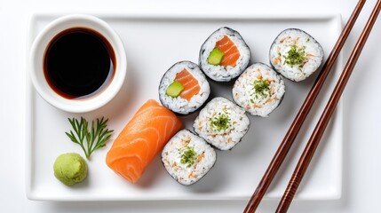 Overhead shot of a sushi platter featuring salmon nigiri, maki rolls with avocado and salmon, soy sauce, wasabi, and chopsticks on a white rectangular plate