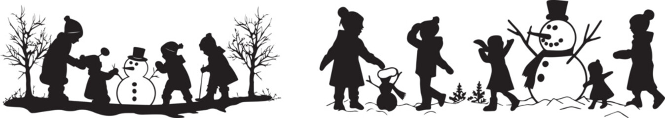 Winter silhouette scene of children building snowman in snow vector graphic