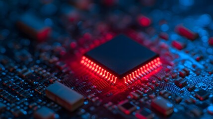 Illuminated microchip glows intensely with red light mounted on a dark electronic circuit board.