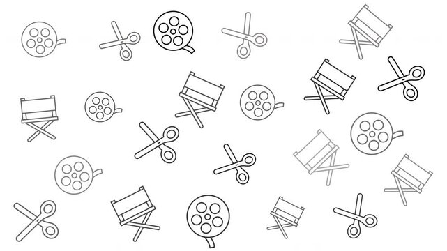 Director chairs, scissors, film reels on a white background suitable for film industry designs, movie production concepts, and cinemathemed projects.