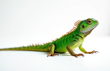 Fototapeta premium Green iguana reptile on white studio background. Small lizard sits still. Mesoamerica animal displays bright scales and crest. Tropical creature looks to side. Young iguana poses.