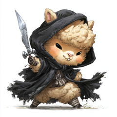 Fearless warrior llama fantasy realm digital art playful setting close-up view whimsical concept