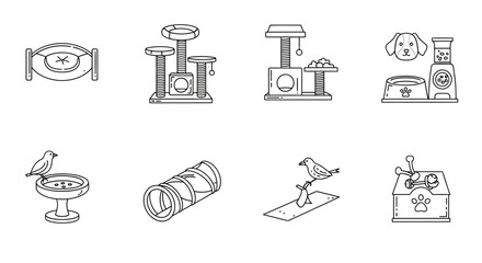 Fototapeta premium pet supplies simple line drawing icons of various pet products cat tree dog food bird bath and toys for website or infographic design.