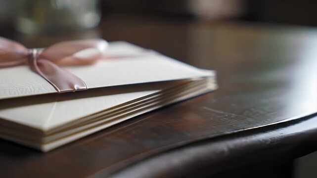 Stack of Cream Colored Envelopes Tied With A Soft Pink Ribbon On A Dark Wood Surface