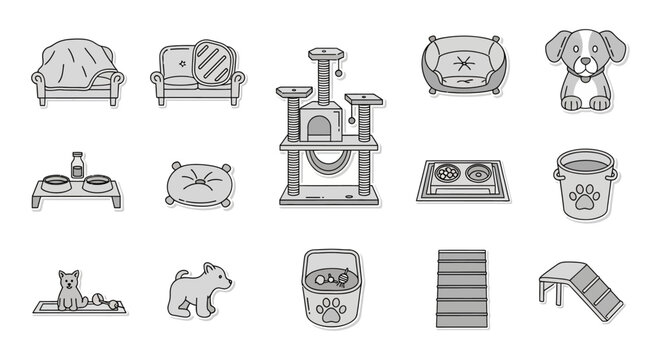 pet supplies icons assortment of cat tree dog bed food bowls and toys for pet care businesses illustrating responsible pet ownership  comfort