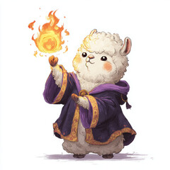 Enchanted llama illustrates fire magic in a whimsical fantasy realm perspective