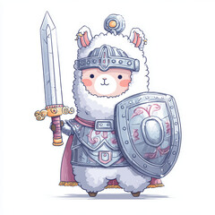 Valiant alpaca knight defends kingdom fantasy realm digital art whimsical front view heroic concept