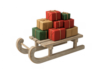 Christmas gifts on wooden sled, holiday presents for winter season, delivering joy concept, festive celebration