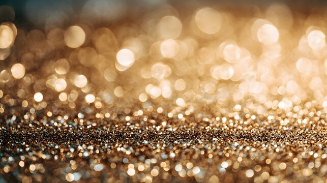 Rich brown and gold sparkling dust fills the foreground with a shimmering abstract background of out-of-focus light orbs.