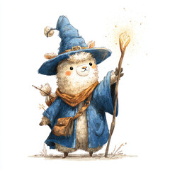 Adventurous wizard alpaca fantasy world illustration magical setting playful perspective