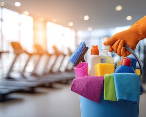 Colorful Cleaning Supplies In Gym Cleaning Bucket