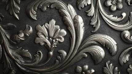 Intricate baroque scrolling foliage design rendered in metallic relief texture