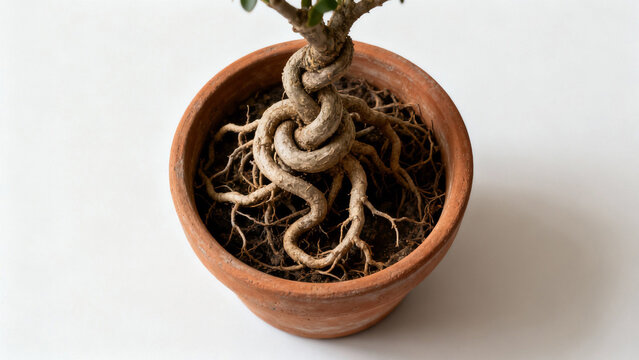 A root-bound plant in a terracotta pot, roots circling inside, top-down view. gardening catalogs, home-decor guides, designed for gardening and botanical catalogs.