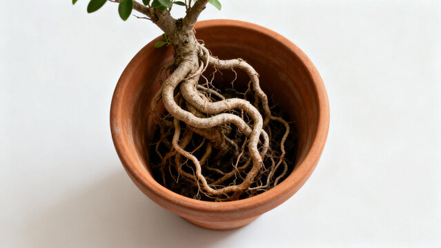 A root-bound plant in a terracotta pot, roots circling inside, top-down view. gardening catalogs, home-decor guides, designed for gardening and botanical catalogs.