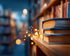 Glowing Vintage Books On Wooden Bookshelf In Library