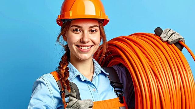 Smiling woman in work clothes, thumbs up, holding large orange cable coil, blue background - Powered by Adobe