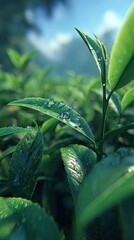 Closeup Of Dewy Green Tea Leaves