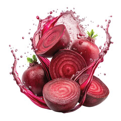 Beetroot Juice Splash: Dynamic splash of beetroot juice with droplets and slices frozen in motion, ultra-sharp clarity PNG.