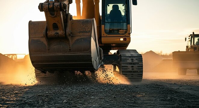 Heavy Construction Excavator Moving Earth on Dusty Site