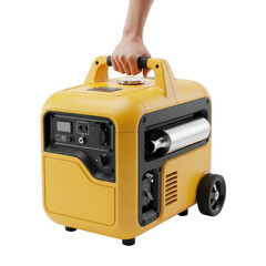 Hand carrying yellow portable power generator isolated illustration on transparent background