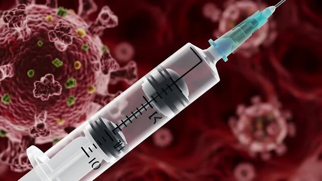 Close Up Of Coronavirus Microscopic View With Syringe Ready For Injection Medical Science Concept