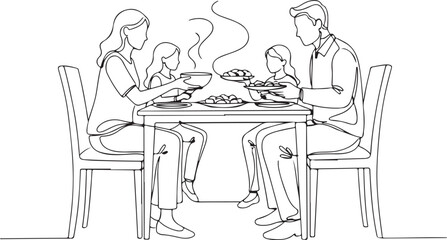 Continuous Line Drawing of Family Dinner, Parents and Kids Sharing a Meal, Minimalist One Line Art Illustration of Home Mealtime Togetherness.