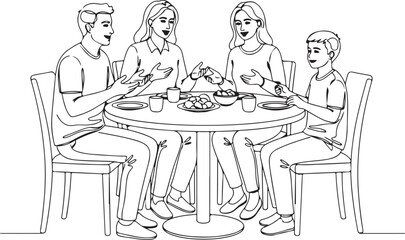 Minimalist Line Art Illustration of a Family Enjoying a Meal Together at a Table, Representing Home Life and Daily Dining