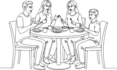  Family Mealtime Illustration for Coloring Book, Happy Parents and Children Eating Together, Line Art Drawing of a Group Dining and Conversing at a Table