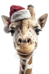 Obraz premium Giraffe wearing a Christmas hat smiling for the camera in a studio setting