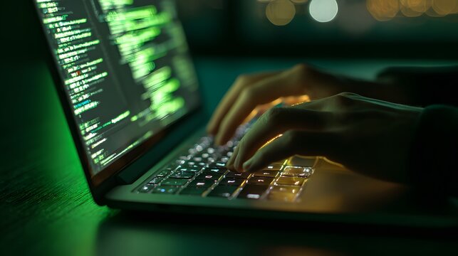 Person rapidly typing programming code on a backlit portable computer screen display