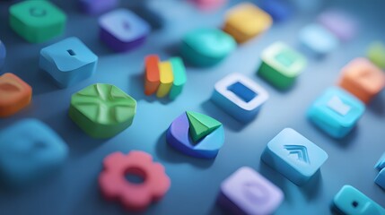 Assortment of three dimensional pastel colored application icons displayed with shallow depth of field