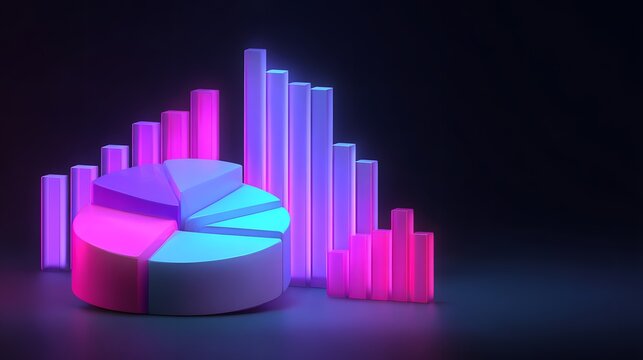 Three dimensional glowing data visualizations featuring a pie chart and various bar graphs against a dark background
