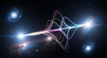 Abstract Quantum Energy Flow: Vibrant Wavy Particle Stream Across Starry Galactic Cosmos