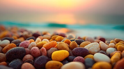Colorful Pebbles On Beach Sunset