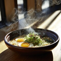 Steaming Bowl Of Ramen With Sunny-Side Up Eggs