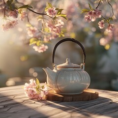 Elegant Porcelain Teapot Amidst Cherry Blossoms