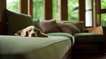 A beagle dog resting peacefully on a green sofa in a sunlit and cozy living room