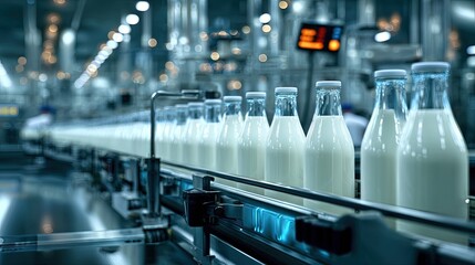 Milk Bottles On Conveyor Belt In Modern Factory